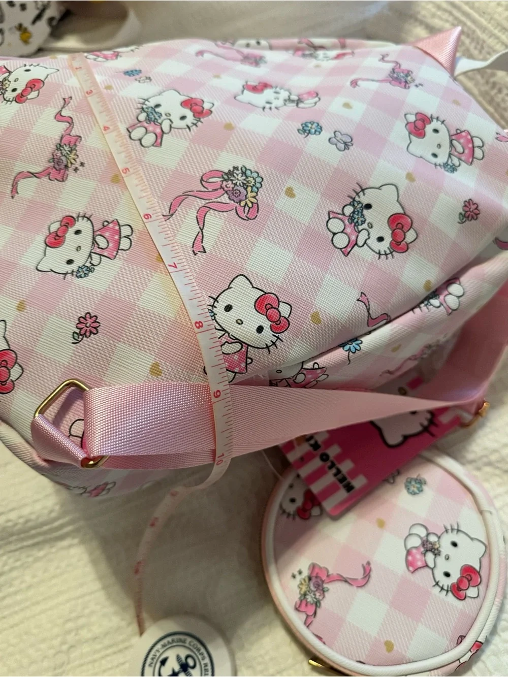 Hello Kitty Pink Gingham Mini Backpack with Fuzzy Heart Charm